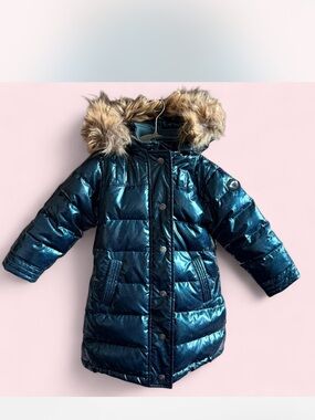 Appaman Metallic Teal Puffer Coat with Faux Fur Trim